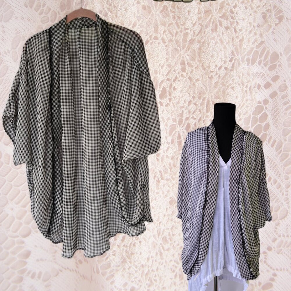 Checkered Black and White Sheer Chiffon Open Front Cardigan Cover-up Lagenlook